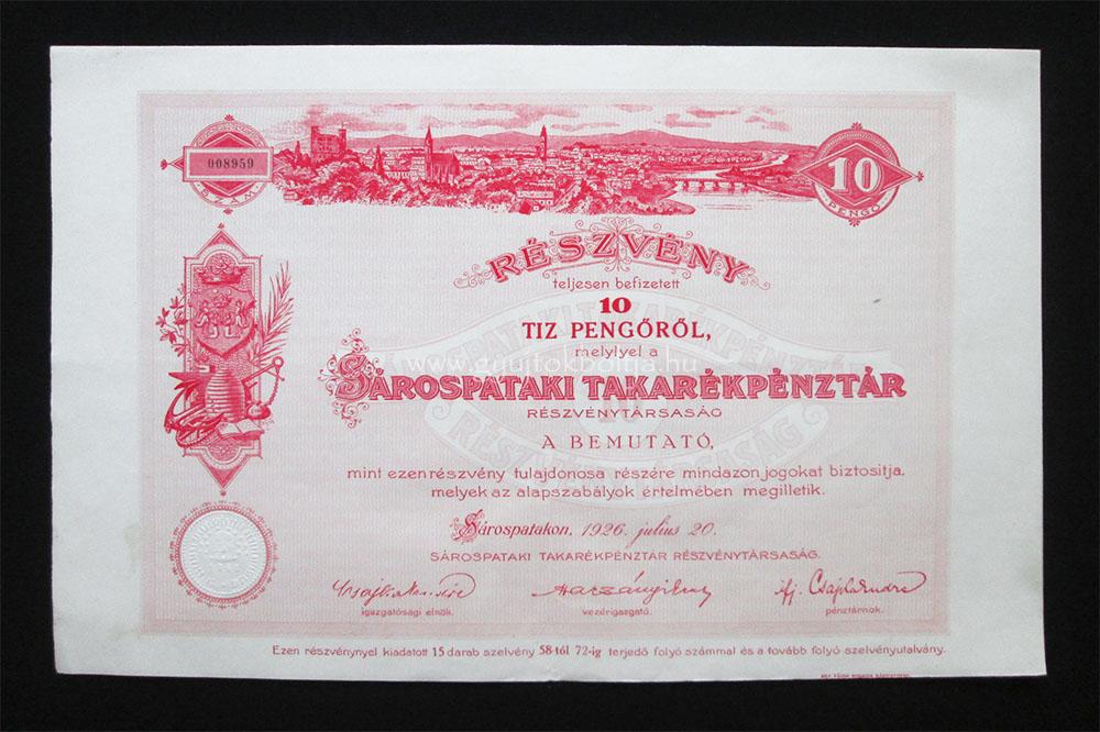 Sárospataki Takarékpénztár részvény 10 pengõ 1926